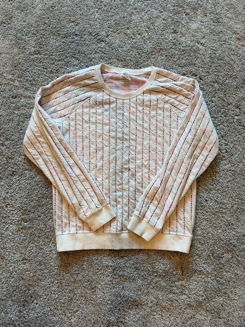Marine Layer Small Quilted Thermal Pullover Sweatshirt White Multi Stripe